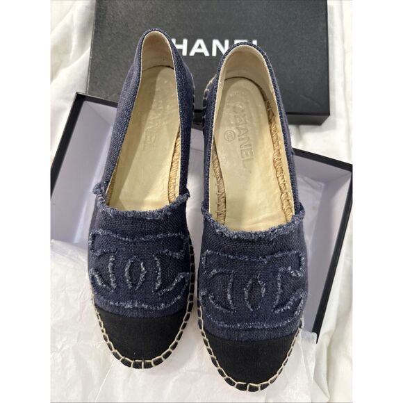 CHANEL logo denim espadrilles Size 39 Blue Black W/box - Picture 3 of 14